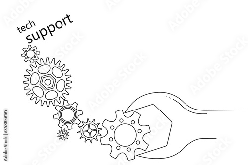 Linear image of cogwheels and spanner. Isolated vector elements on a white background. The concept of repair, service, customer orientation. You can use it to print business cards, leaflets, booklets.