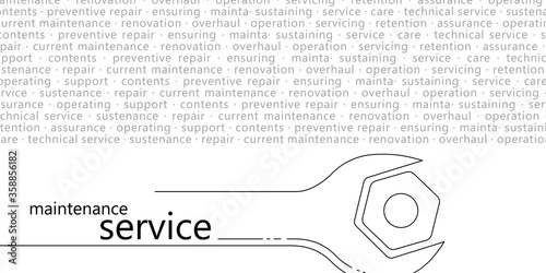 Linear image of the nut and spanner. Isolated vector elements on a white background. The concept of repair, service, customer orientation. You can use it to print business cards, leaflets, and booklet