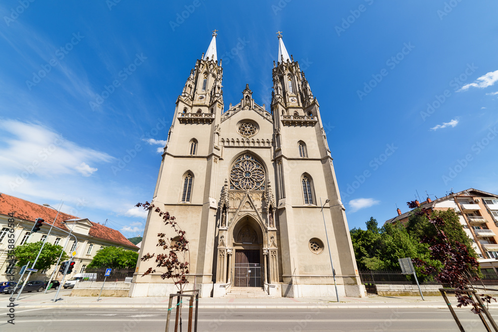 Vrsac, Serbia - June 04, 2020: A magnificent Roman – catholic cathedral dedicated to St Gerhard (serbian: Crkva Svetog Gerharda) was built in 1863. 