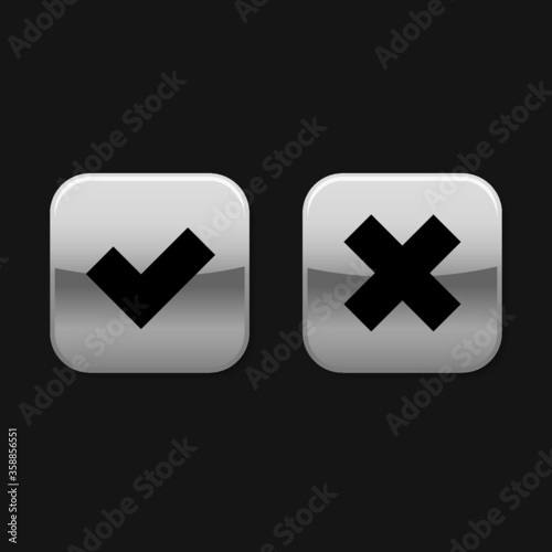 Shiny metal checkmark & cross icons in round square shapes, x & v control panel flat design vector pictogram, infographic interface elements for app web button ui ux isolated on black background