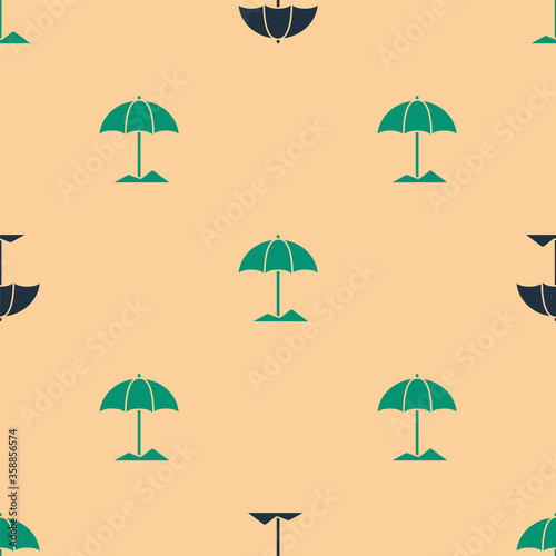 Green and black Sun protective umbrella for beach icon isolated seamless pattern on beige background. Large parasol for outdoor space. Beach umbrella.  Vector Illustration