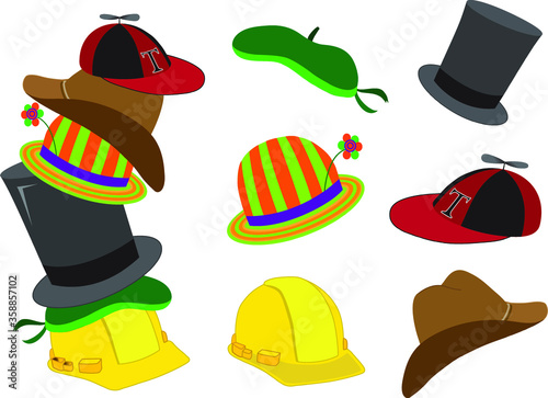 Vector illustration showing colorful cartoon images of  various types of hats on a transparent background. Stack of cartoon hats one on top of each other.