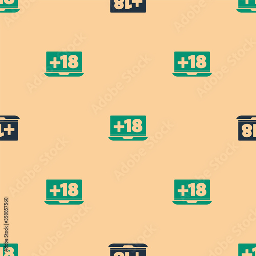 Green and black Laptop with 18 plus content icon isolated seamless pattern on beige background. Age restriction symbol. Adult channel.  Vector Illustration