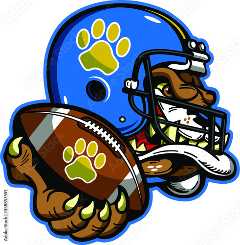 bulldog football mascot holding ball in paw for school, college or league