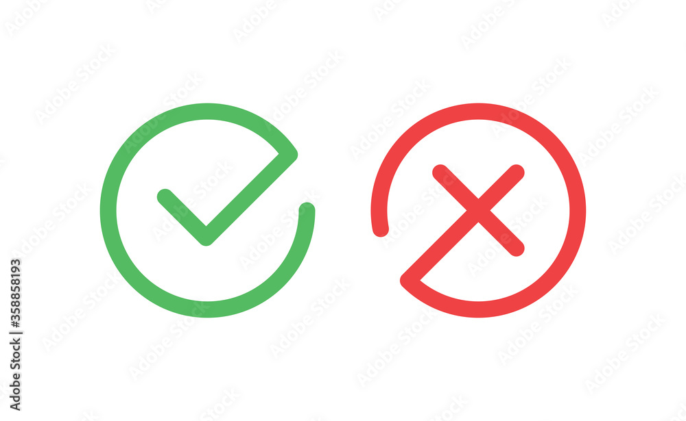 Check mark icons. Green tick symbol and red x sign in circle. Icons for evaluation quiz. Vector. Check mark icons. Green tick symbol and red x sign in circle. Icons for evaluation quiz. Vector.