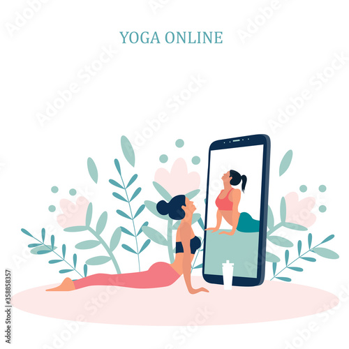 Yoga online with girl in asana doing physical exercises and watching online classes on Phone display, flat web vector illustration. Online yoga with instructor at home web banners set.

