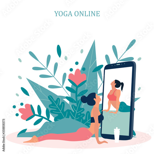 Yoga online with girl in asana doing physical exercises and watching online classes on Phone display, flat web vector illustration. Online yoga with instructor at home web banners set.

