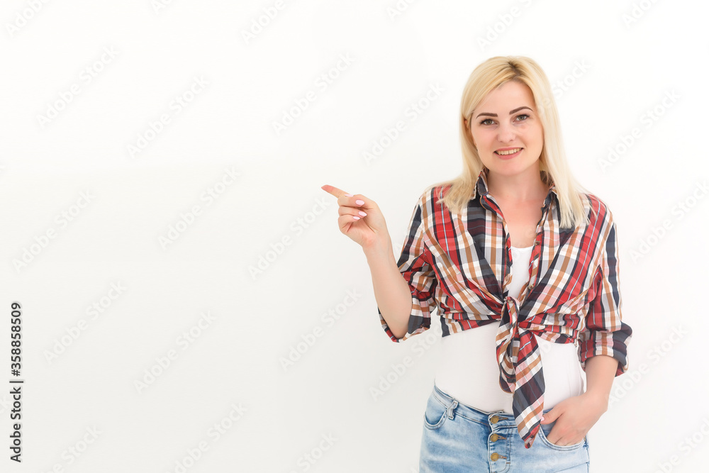 Obraz premium Young woman in coverall on a white background. Female construction worker.