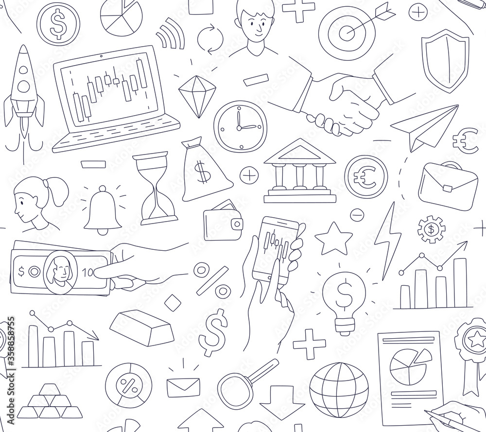 Obraz premium Trading exchange seamless pattern background. Vector illustration doodles