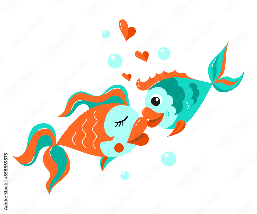 A pair of fish in love kissing. Cartoon style. Vector illustration. isolated on a white background.