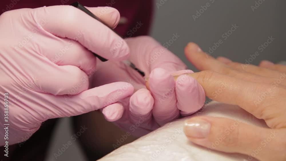Manicurist polishes nails with a client in a beauty salon. Manicurist polishes nails with a client in a beauty salon.