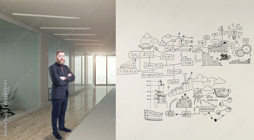 A businessman standing in modern office with creative business strategy sketch drawn on white wall A businessman standing in modern office with creative business strategy sketch drawn on white wall