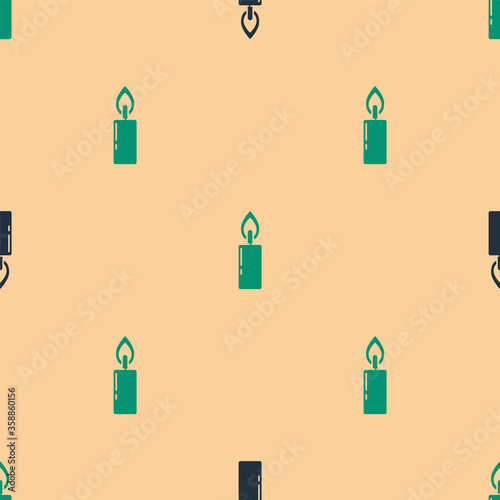 Green and black Burning candle icon isolated seamless pattern on beige background. Cylindrical candle stick with burning flame.  Vector Illustration