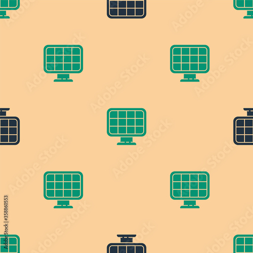 Green and black Solar energy panel icon isolated seamless pattern on beige background.  Vector Illustration