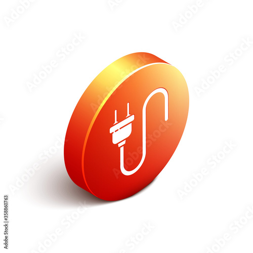 Isometric Electric plug icon isolated on white background. Concept of connection and disconnection of the electricity. Orange circle button. Vector Illustration