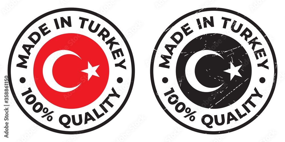 Vector circle symbol. Text Made in Turkey with flag. Stamp. Isolated on white background.