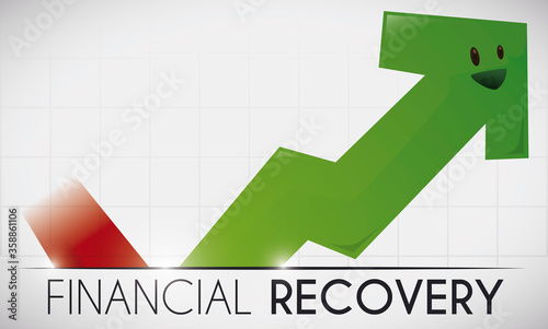 Happy Upward Arrow Announcing Financial Recovery over Squared Background, Vector Illustration