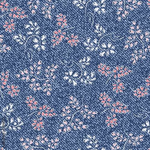 Jeans background with Berries and Flowers. Vector Denim seamless pattern. Blue jeans fabric.
