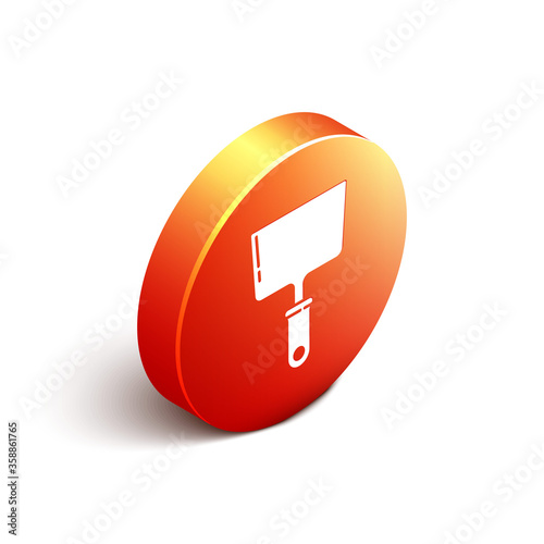 Isometric Putty knife icon isolated on white background. Spatula repair tool. Spackling or paint instruments. Orange circle button. Vector Illustration