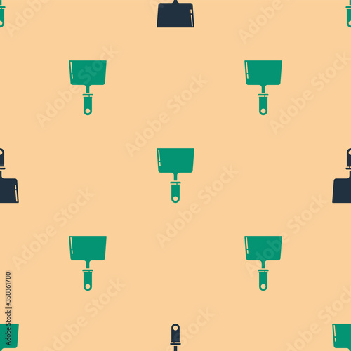 Green and black Putty knife icon isolated seamless pattern on beige background. Spatula repair tool. Spackling or paint instruments.  Vector Illustration