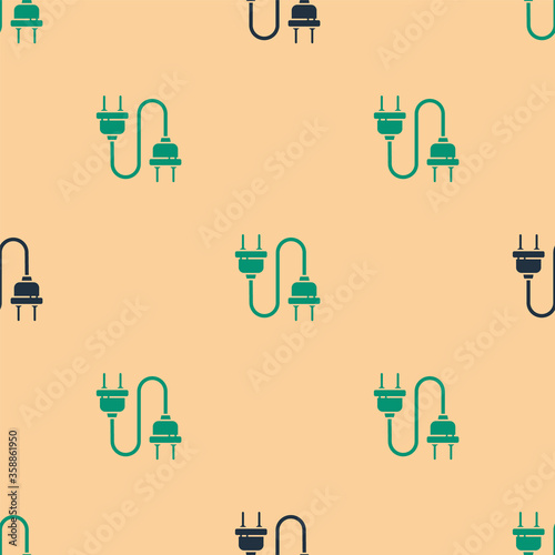 Green and black Electric plug icon isolated seamless pattern on beige background. Concept of connection and disconnection of the electricity.  Vector Illustration