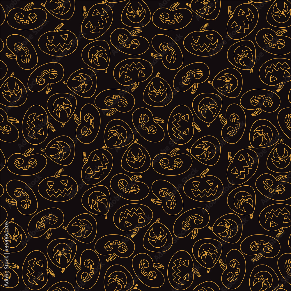 Seamless pattern on black background line orange pumpkins Halloween Doodle style vector illustration Seamless pattern on black background line orange pumpkins Halloween Doodle style vector illustration