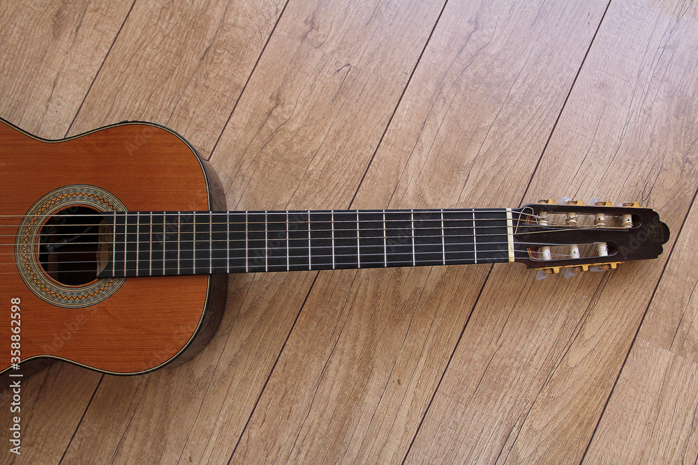 Fototapeta premium detail of 7-string guitar neck