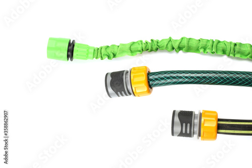watering hoses with connectors are isolated on white.