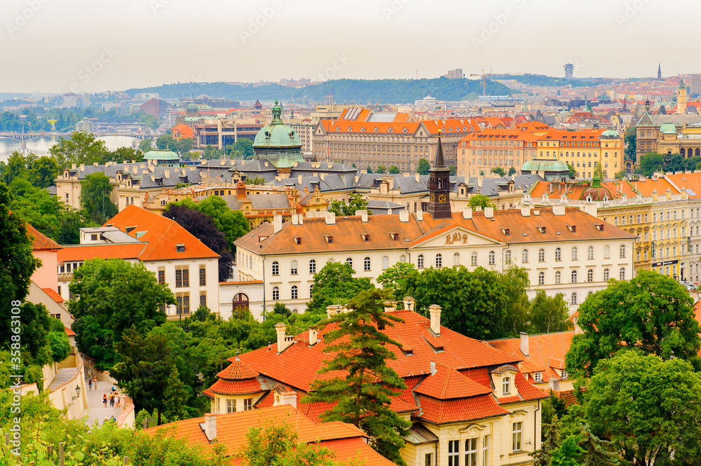 Aerial cityscape of the downtown of Prague, Czech Republic.