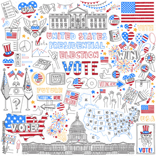 United States presidential election doodles set. Political campaign and voting attributes, patriotic symbols, american flags and maps. Hand drawn vector icons isolated on white background.