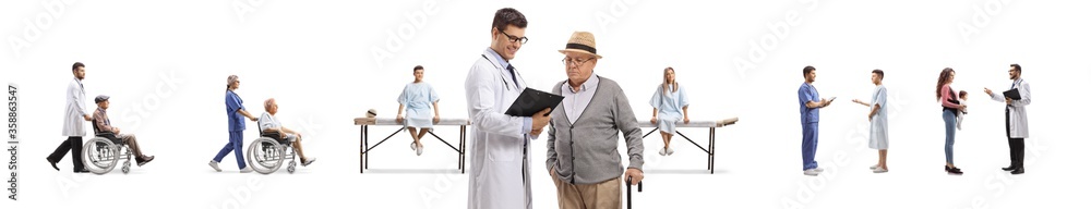 Obraz premium Male doctor talking to an elderly patient and other patients and doctors behind