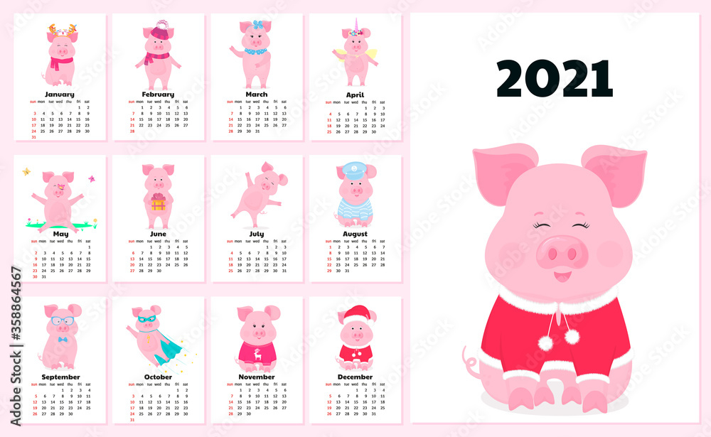 Calendar for 2021 from Sunday to Saturday. Cute cartoon pigs