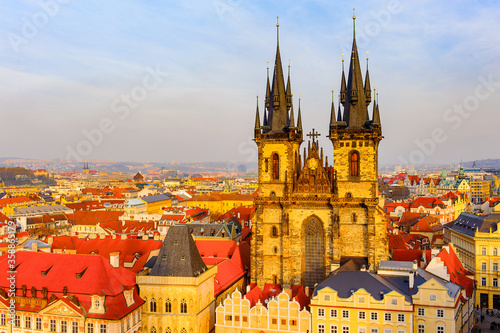 Towers of the Church of Mother of God in front of Tyn,  Staromestske namesti, Old town square, Prague, Czech Republic