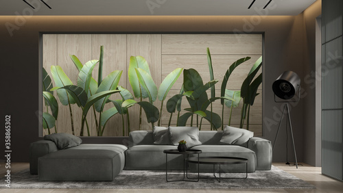Minimalist Interior of modern living room 3D rendering