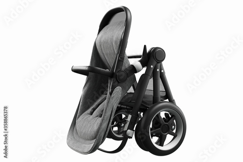 3D render of a stylish modern stroller folded on a white background