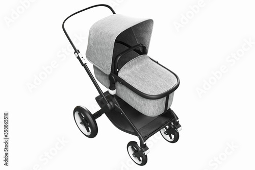 3D render of a stylish modern stroller with bassinet on a white background