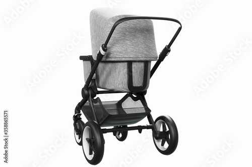 3D render of a stylish modern stroller with bassinet on a white background