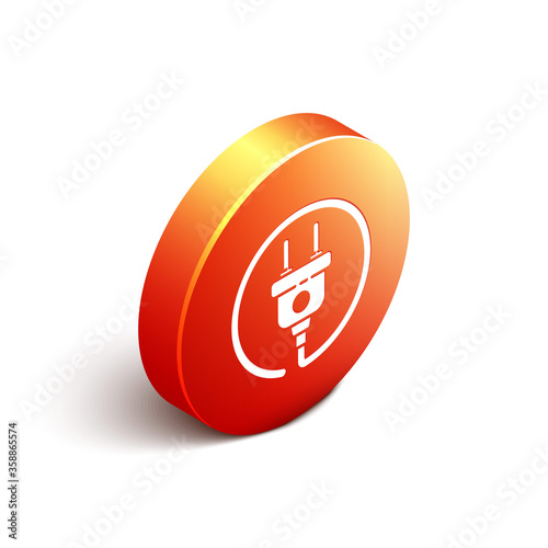 Isometric Electric plug icon isolated on white background. Concept of connection and disconnection of the electricity. Orange circle button. Vector Illustration