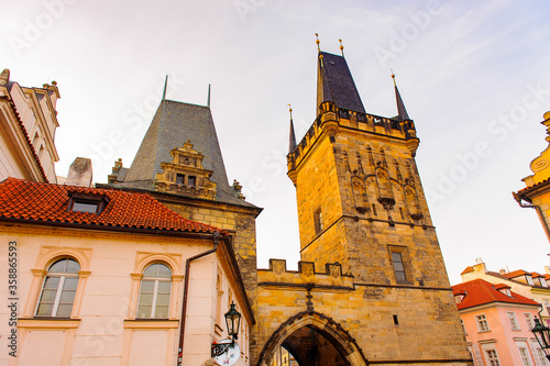 Tower of the Charles Bridge, a famous historic bridge that crosses the Vltava river in Prague, Czech Republic.