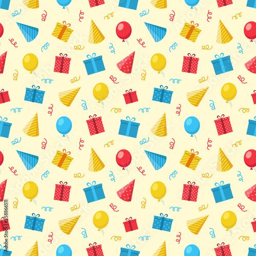 Happy Birthday seamless pattern with gift, balloon, festive hat, streamers. Vector illustration