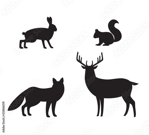 Forest animals silhouette set  fox  deer  hare  squirrel isolated on white background. Scandinavian design style. Vector illustration of wild animals