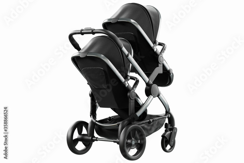 3D render of a modern black pushchair with twin seat for toddlers on a white background