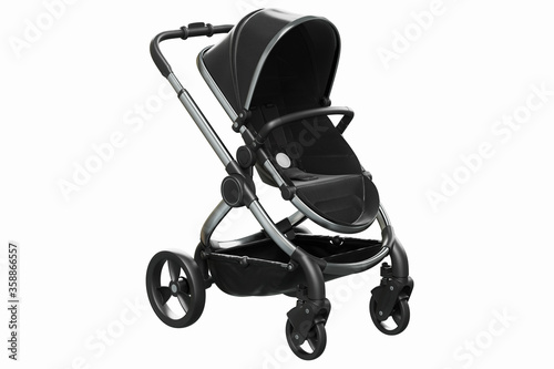 3D render of a modern black pushchair with seat for toddlers on a white background photo