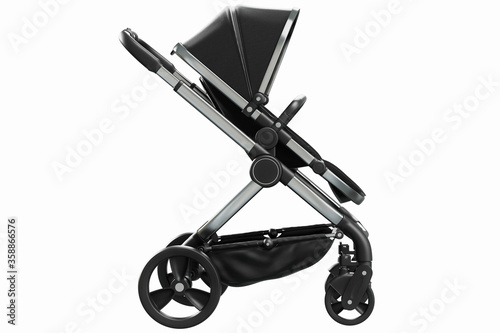 3D render of a modern black pushchair with seat for toddlers on a white background