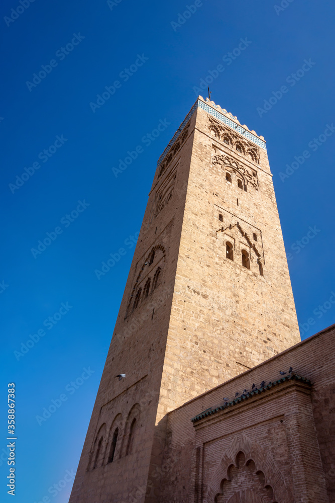 Kutubiyya Mosque or Koutoubia Mosque built in 1147 is the largest mosque with the tallest minaret at 77 m high in Marrakesh, Morocco.
