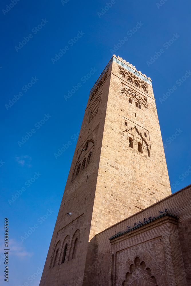 Kutubiyya Mosque or Koutoubia Mosque built in 1147 is the largest mosque with the tallest minaret at 77 m high in Marrakesh, Morocco.