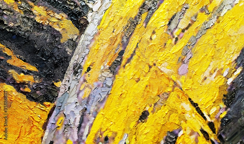 Expressive embossed paints, creating dynamic lines and bright spots. Primary colors are yellow, gold, gray and black. Abstract art, oil painting on canvas.                                             