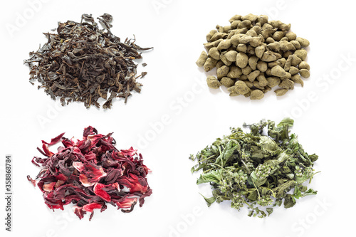 different varieties of tea for brewing a drink, black, green, red and herbal teas on a white background