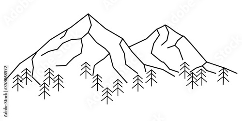 Vector illustration of mountain landscape in flat line style. Mountain range with trees lineart icon isolated on white. Symbol for ski resort, vacation banner, travel badges, prints