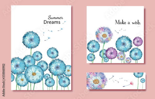 Template or design for greeting cards or invitations and bookmark with multi-colored watercolor hand-drawn dandelions and flying blown dandelion seeds. Text make a wish and Summer dream